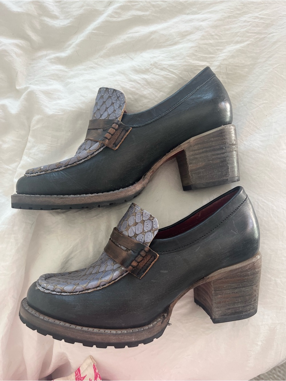freebird Black Leather Block Heel Loafers with Gray/blue Snake-Print Vamp